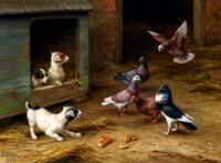 Edgar Hunt - Puppies And Pigeons Playing By A Kennel